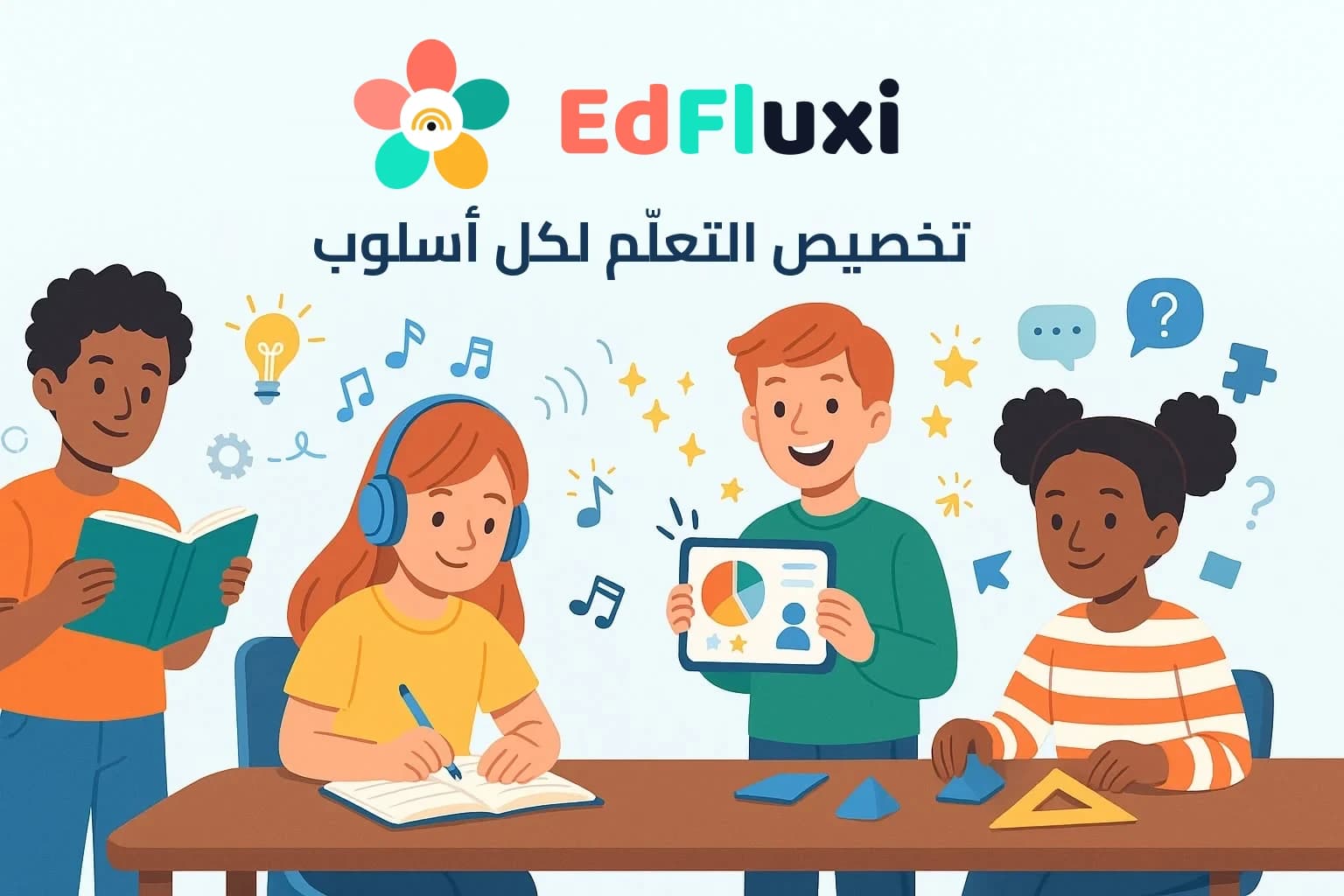 edfluxi — تخصيص التعلّم لكل أسلوب: أربعة تلاميذ يقرؤون ويستمعون ويكتبون ويستكشفون جهازًا لوحيًا